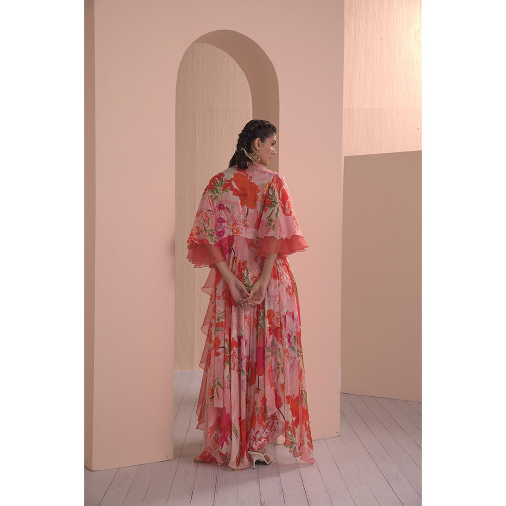 MANDIRA WIRK Printed Satin Jumpsuit with Chiffon Cape (Set of 2)