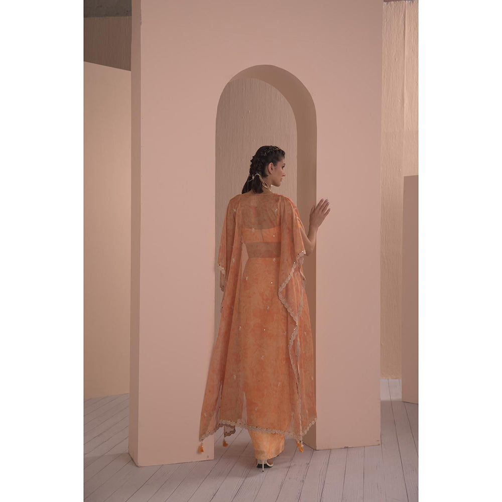 MANDIRA WIRK Orange Pancy Daisy Bustier and Skirt with Cape (Set of 3)