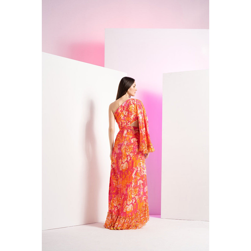 MANDIRA WIRK Orange Twisted Femme Asymmetric Full Length Maxi Dress