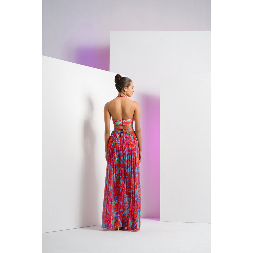 MANDIRA WIRK Multi Printed Mesh Halter Neck Maxi Dress