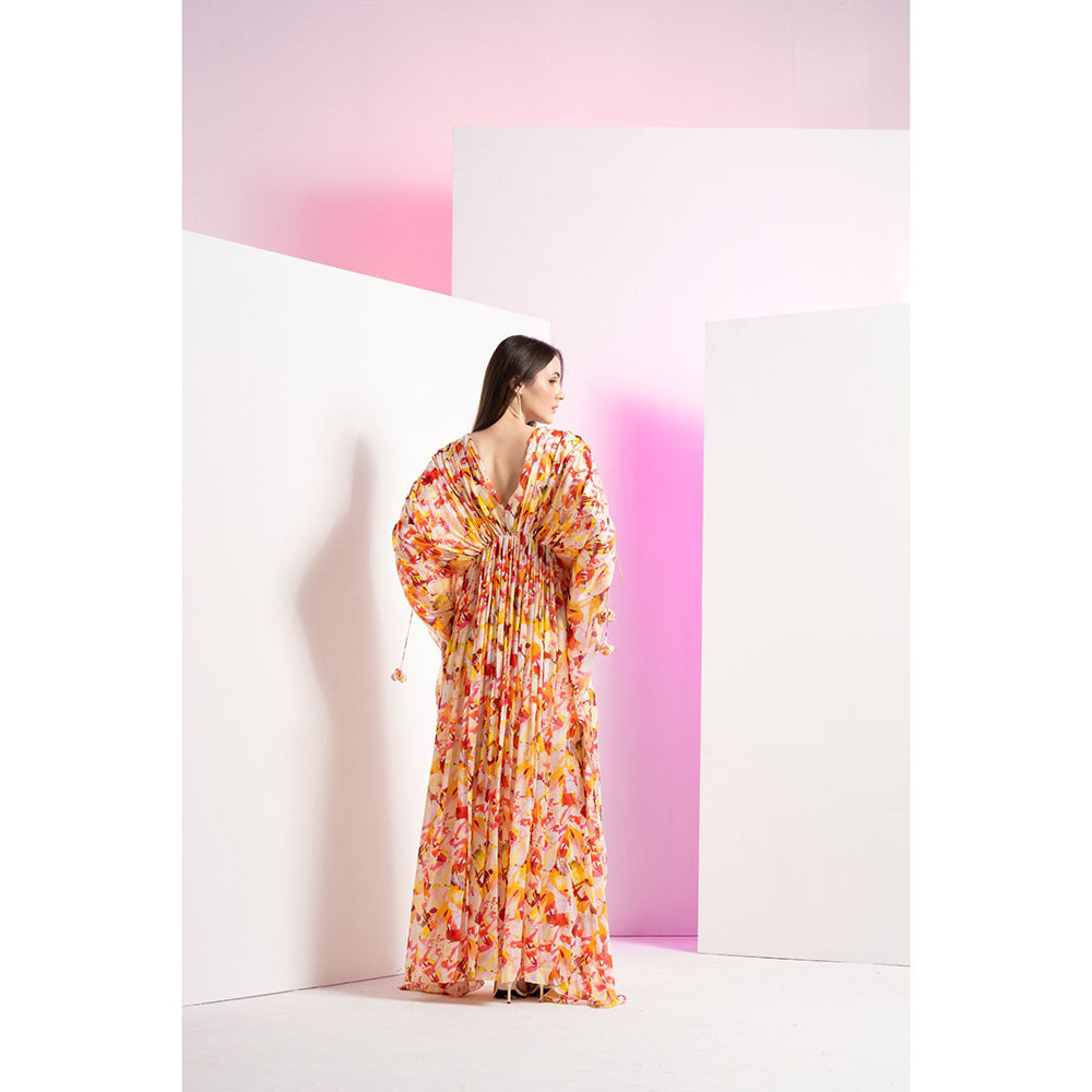 MANDIRA WIRK Yellow Geometric Chaos Kaftan Full Length Maxi Dress