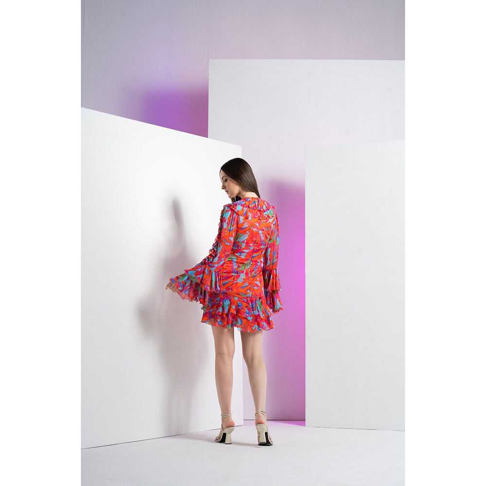 MANDIRA WIRK Red Printed Mesh Ruffle At Neck Short Mini Dress