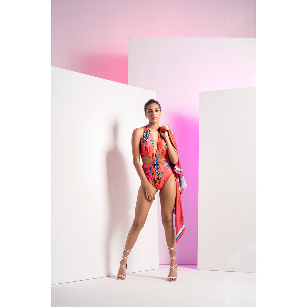 MANDIRA WIRK Fiery Red Floral Printed Body Suit With A Satin Wrap (Set of 2)