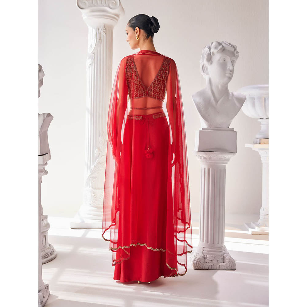 MANDIRA WIRK Red Fusion Style Top with Skirt (Set of 4)
