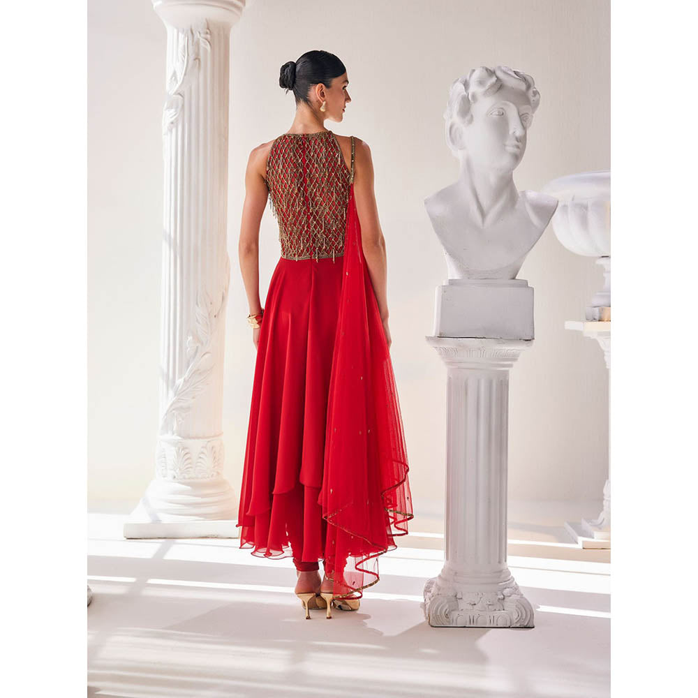 MANDIRA WIRK Red Anarkali Churidar with Dupatta (Set of 3)