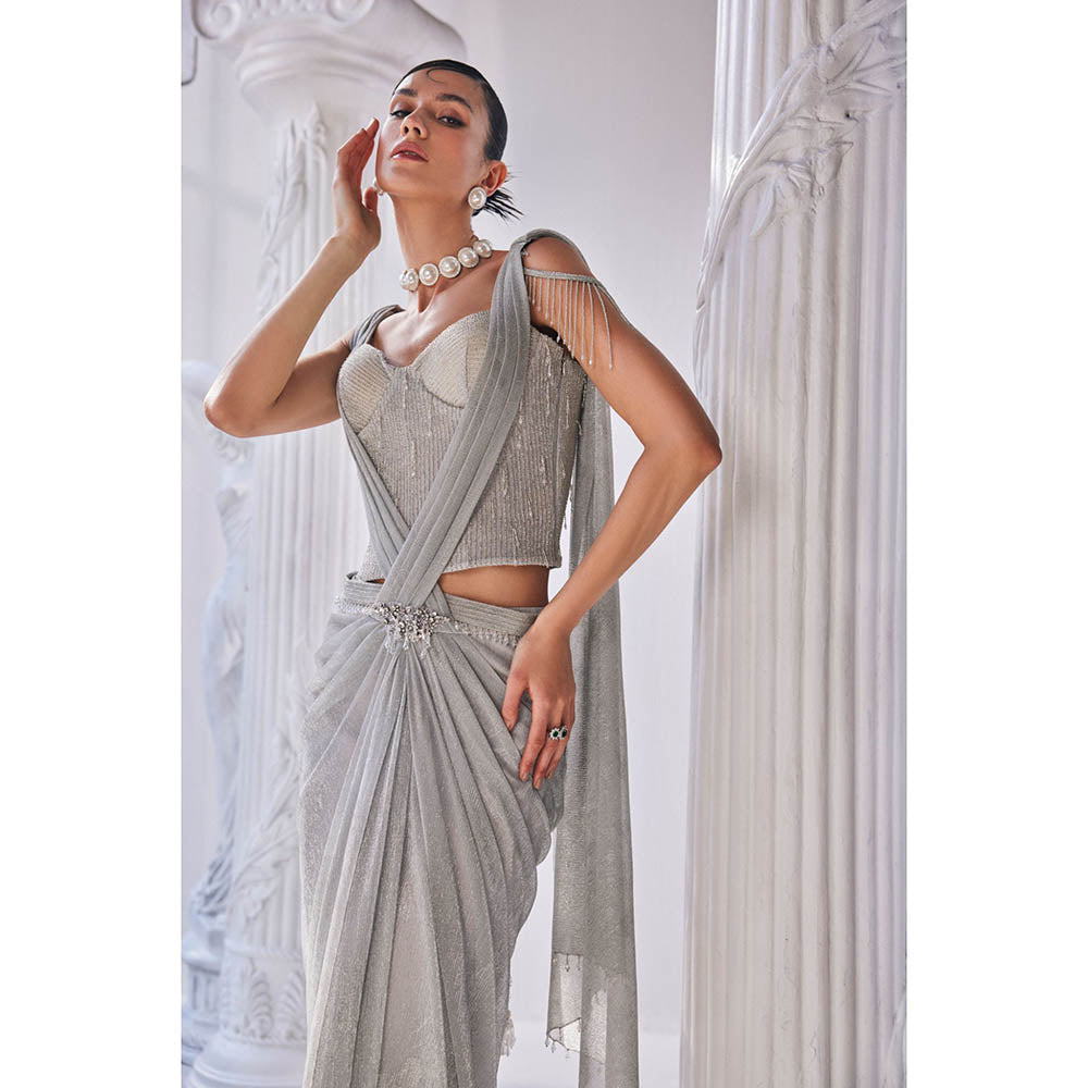 MANDIRA WIRK Silver Saree with Stitched Blouse and Belt