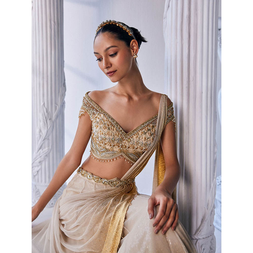 MANDIRA WIRK Cream and Golden Top with Skirt (Set of 3)