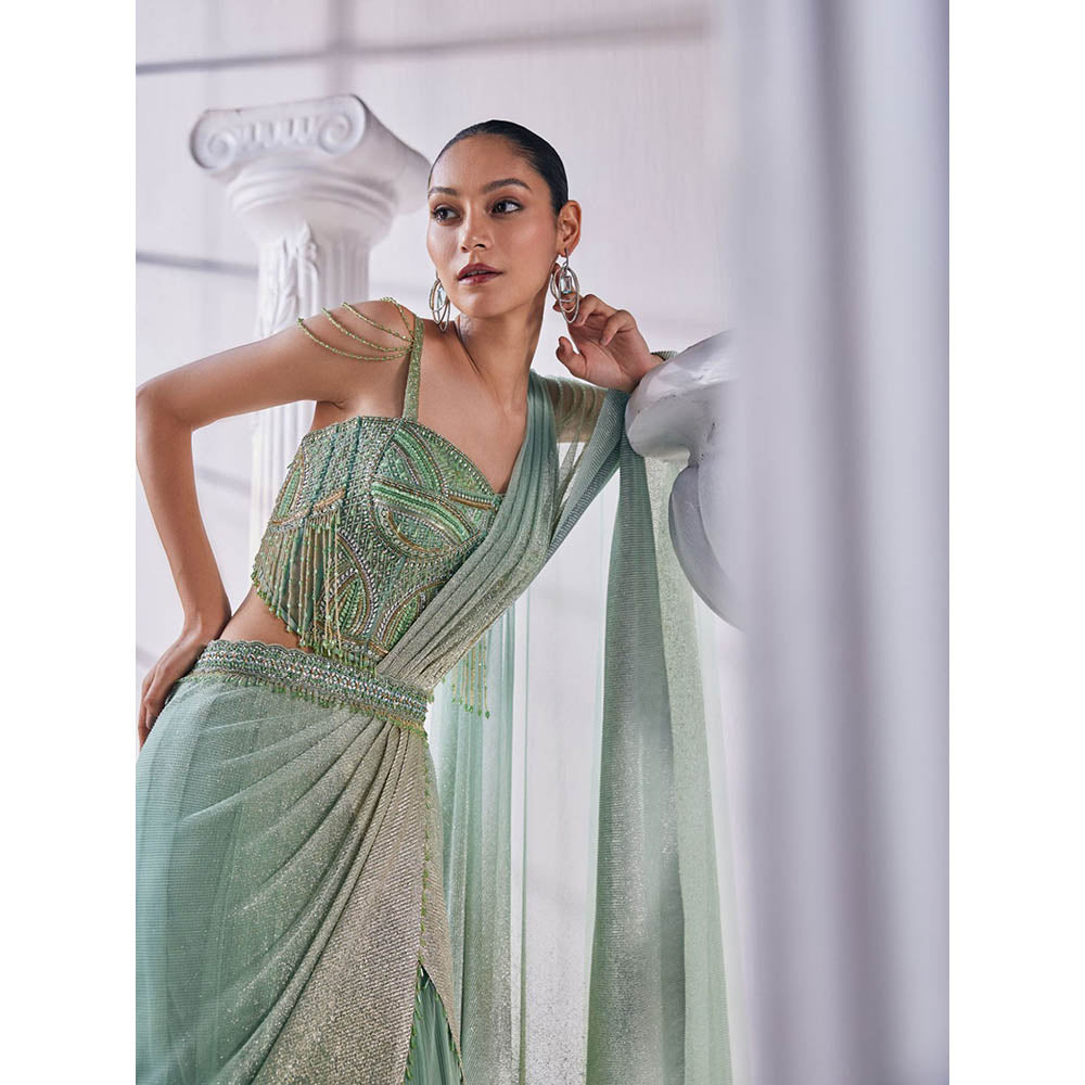 MANDIRA WIRK Pista And Gold Top with Skirt (Set of 3)