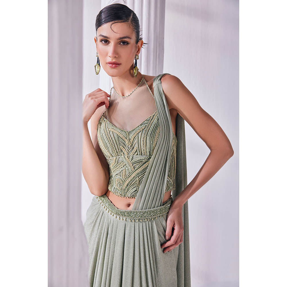 MANDIRA WIRK Jade Green Saree with Stitched Blouse and Belt