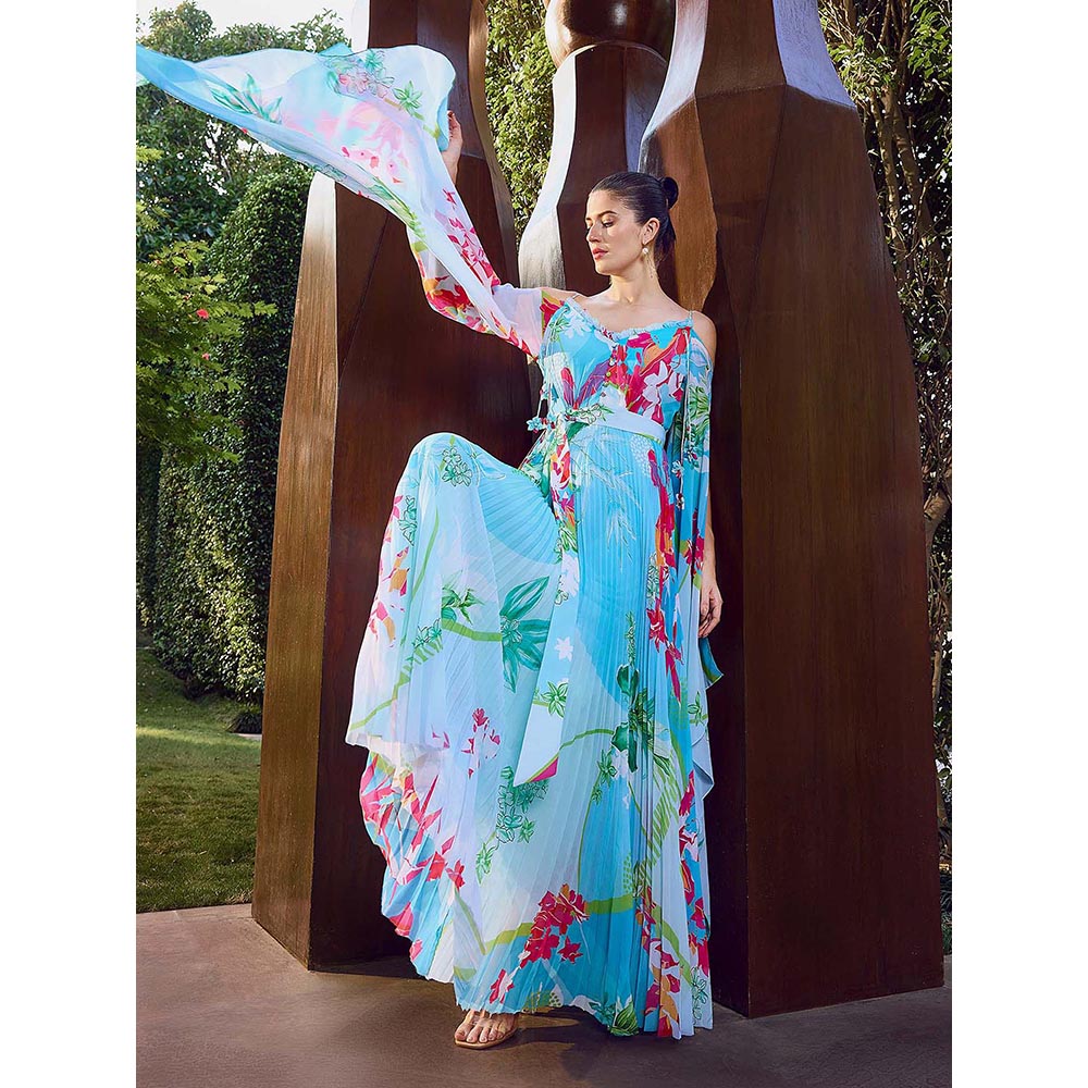 MANDIRA WIRK Deep Strappy Heat Pleat Maxi Dress with Belt (Set of 2)