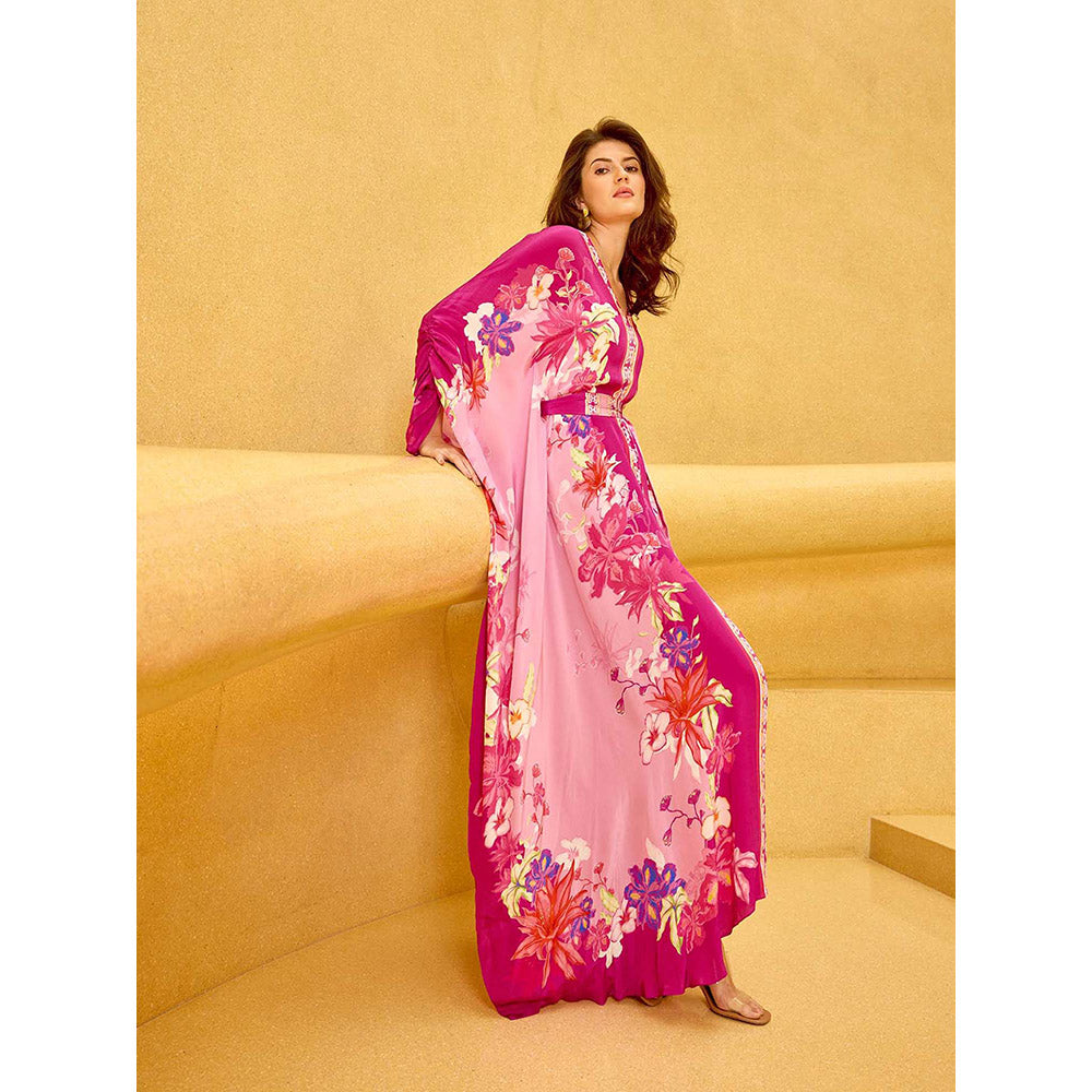 MANDIRA WIRK Pink Floral Placement Dress with Belt (Set of 2)