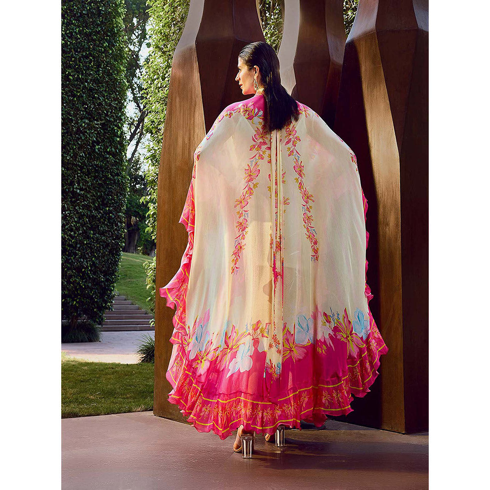 MANDIRA WIRK Multicolor Floral Placement Ruffle Kaftan Dress with Slip (Set of 2)