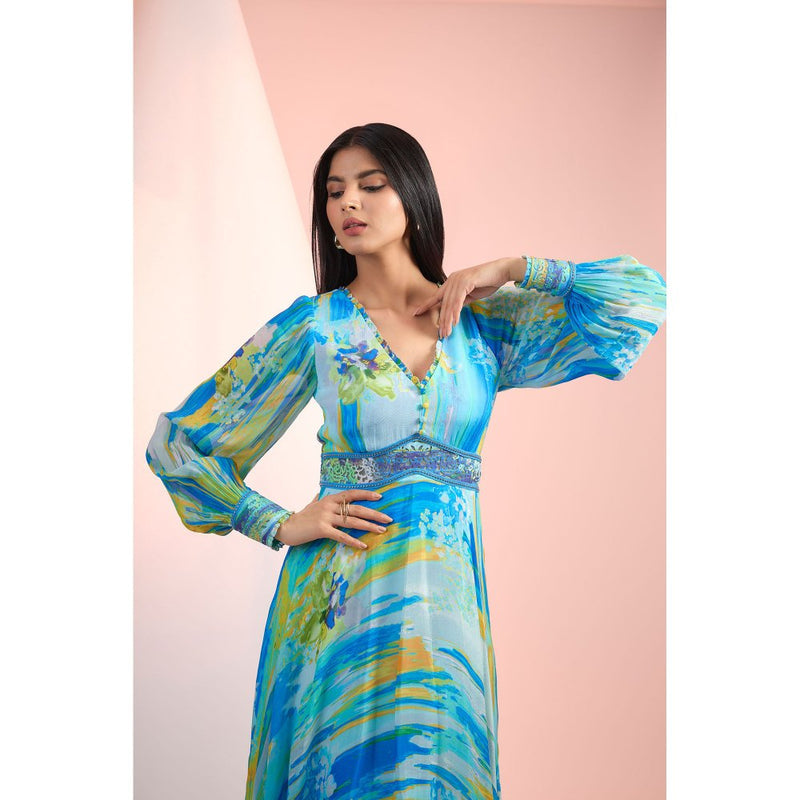 MANDIRA WIRK Blue Printed Maxi Dress