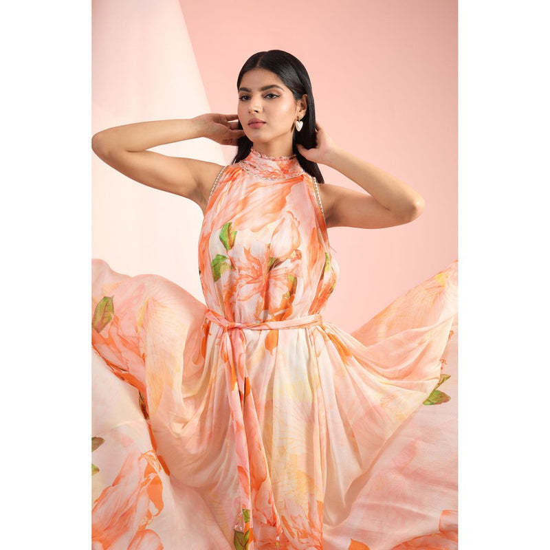 MANDIRA WIRK Orange Printed Dress with Belt (Set of 2)