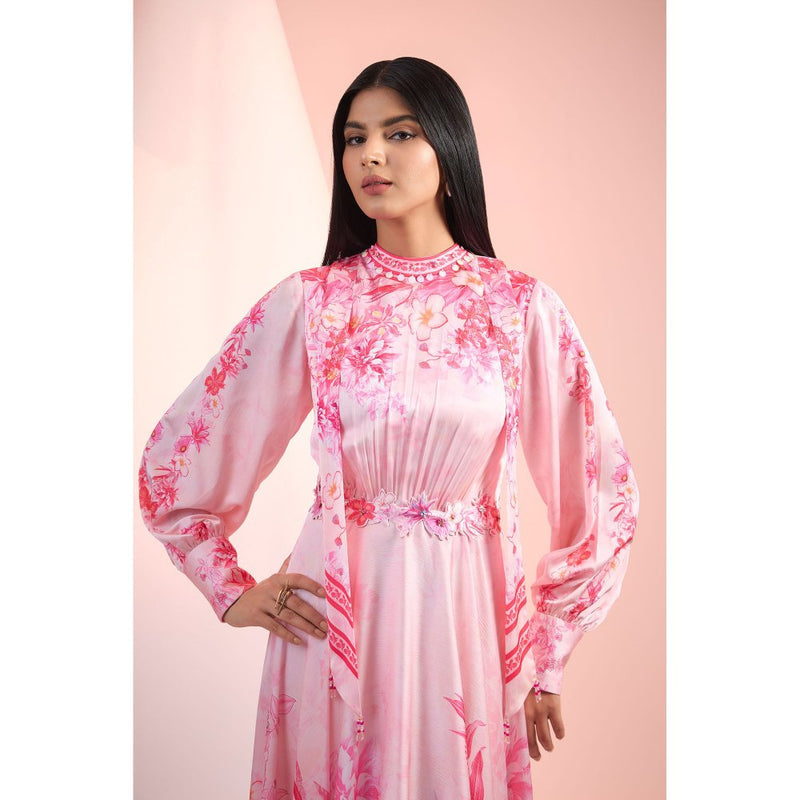 MANDIRA WIRK Pink Printed Maxi Dress with Belt (Set of 2)