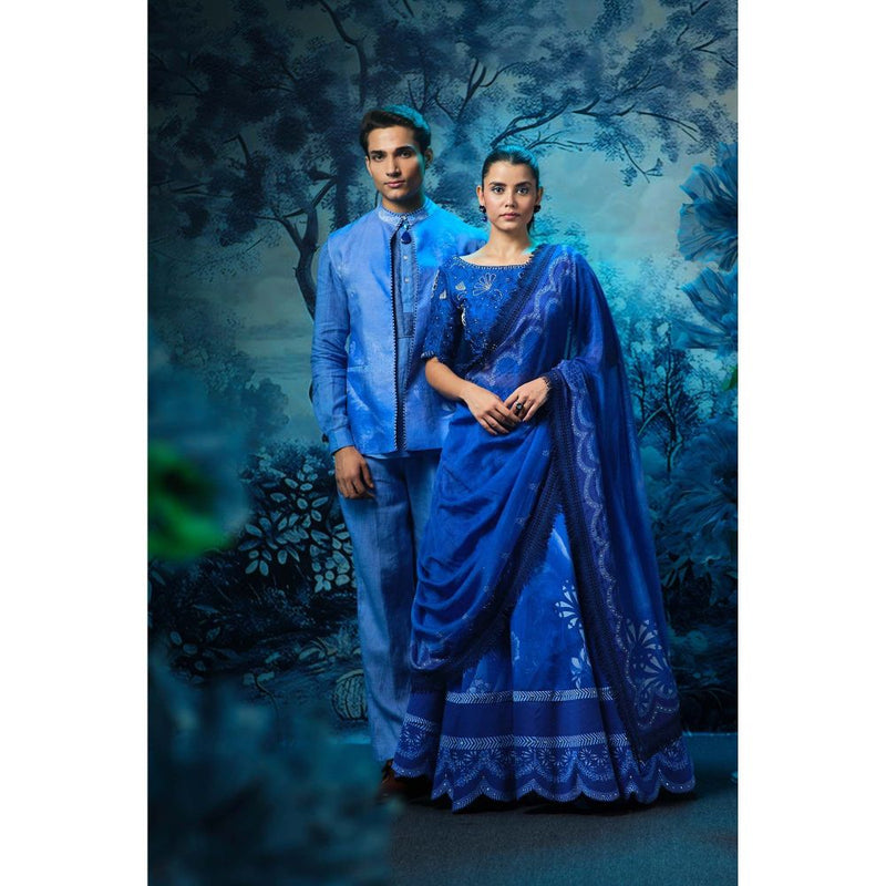MANDIRA WIRK Blue Printed Jacket with Short Kurta and Pant