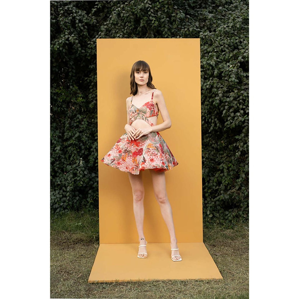 MANDIRA WIRK Dahlia Bouquet Printed Cutout Short Dress