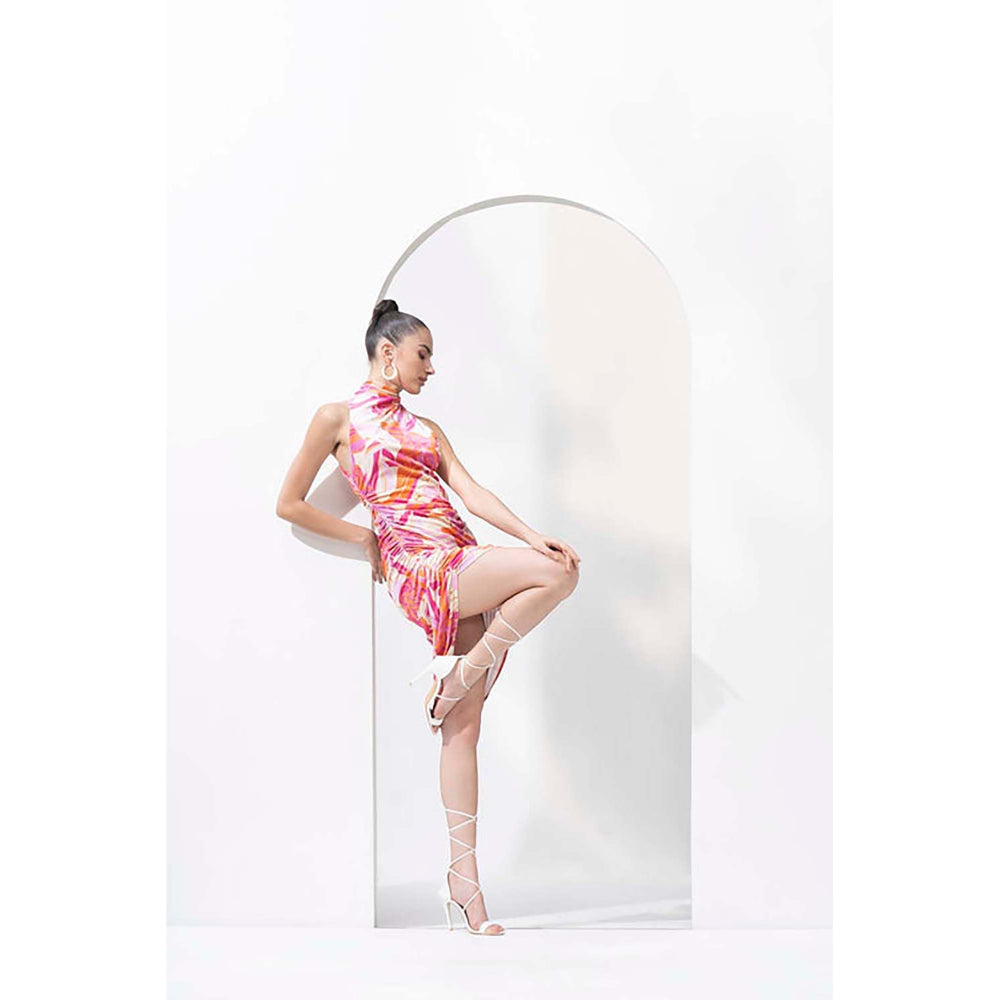 MANDIRA WIRK Pink Velvet Printed Short Dress