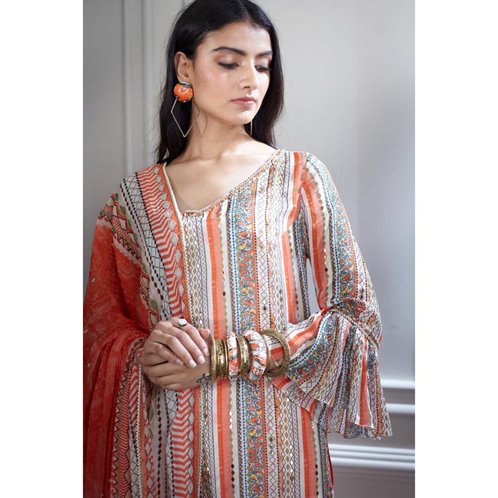 MANDIRA WIRK Women Chanderi Orange Kurta with Sharara and Dupatta