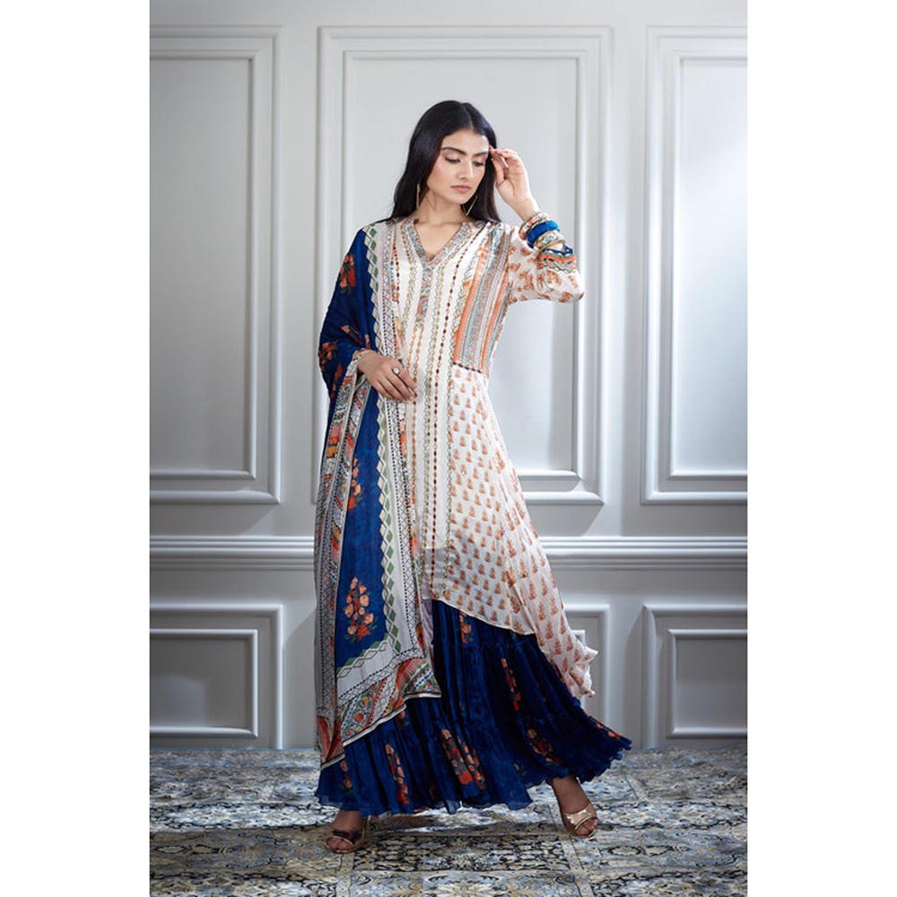 MANDIRA WIRK Women Chanderi Ivory Kurta with Sharara and Dupatta