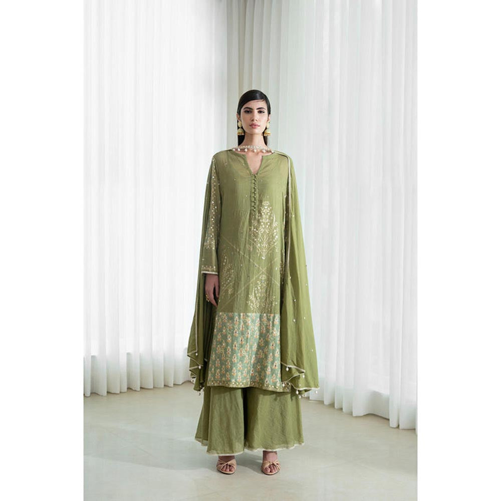 MANDIRA WIRK Women Mulmul Olive Kurta with Sharara and Dupatta