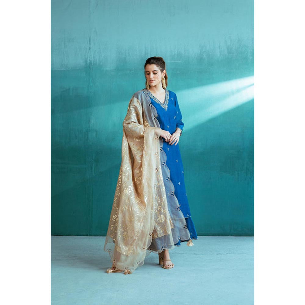 MANDIRA WIRK Women Chanderi Blue Kurta with Sharara and Dupatta