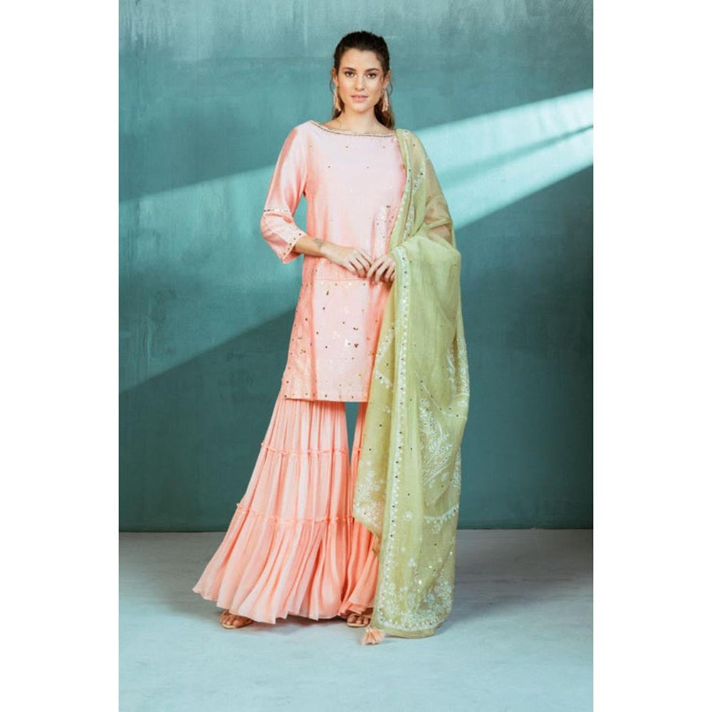 MANDIRA WIRK Women Chanderi Peach Kurta with Sharara and Dupatta