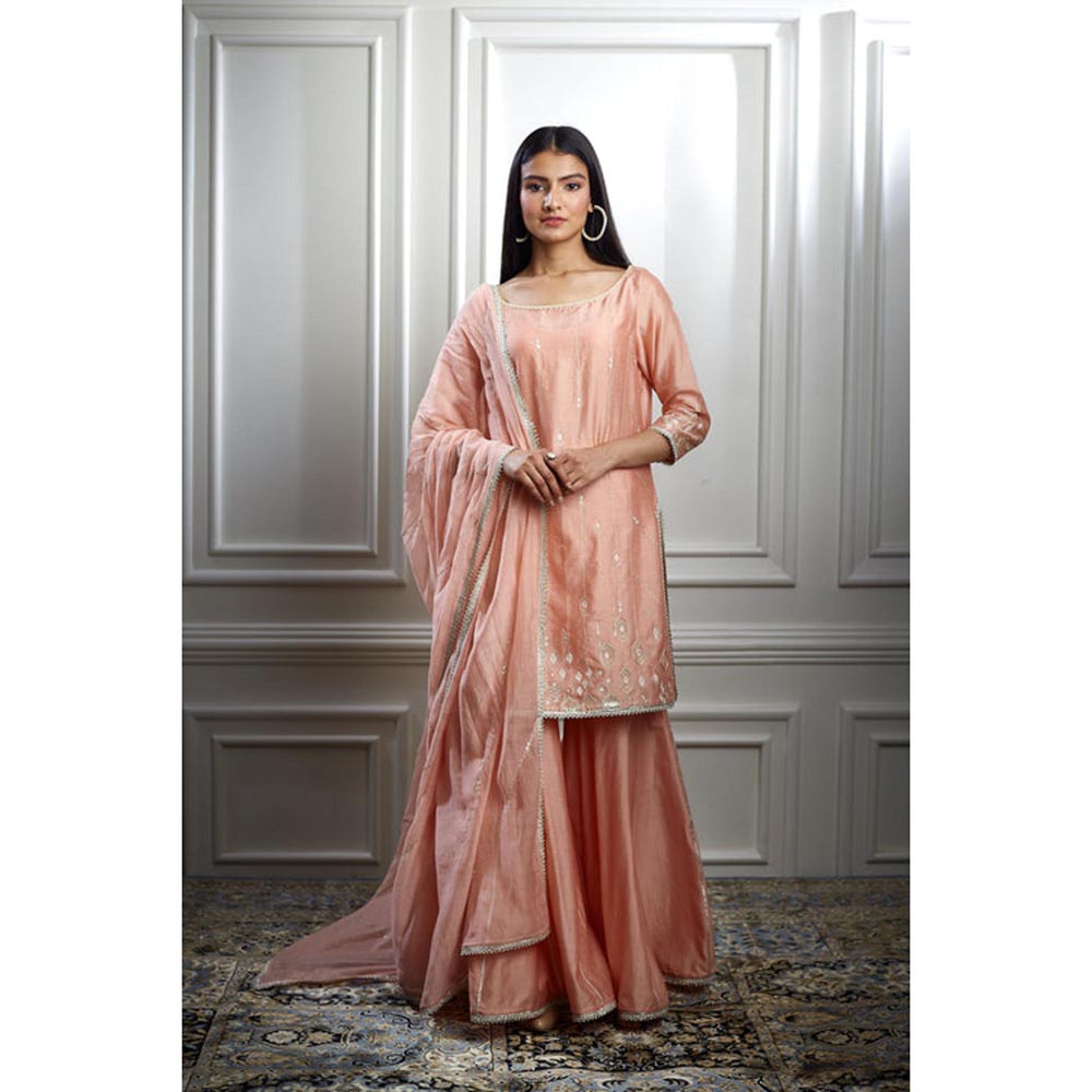 MANDIRA WIRK Women Chanderi Peach Kurta with Sharara and Dupatta