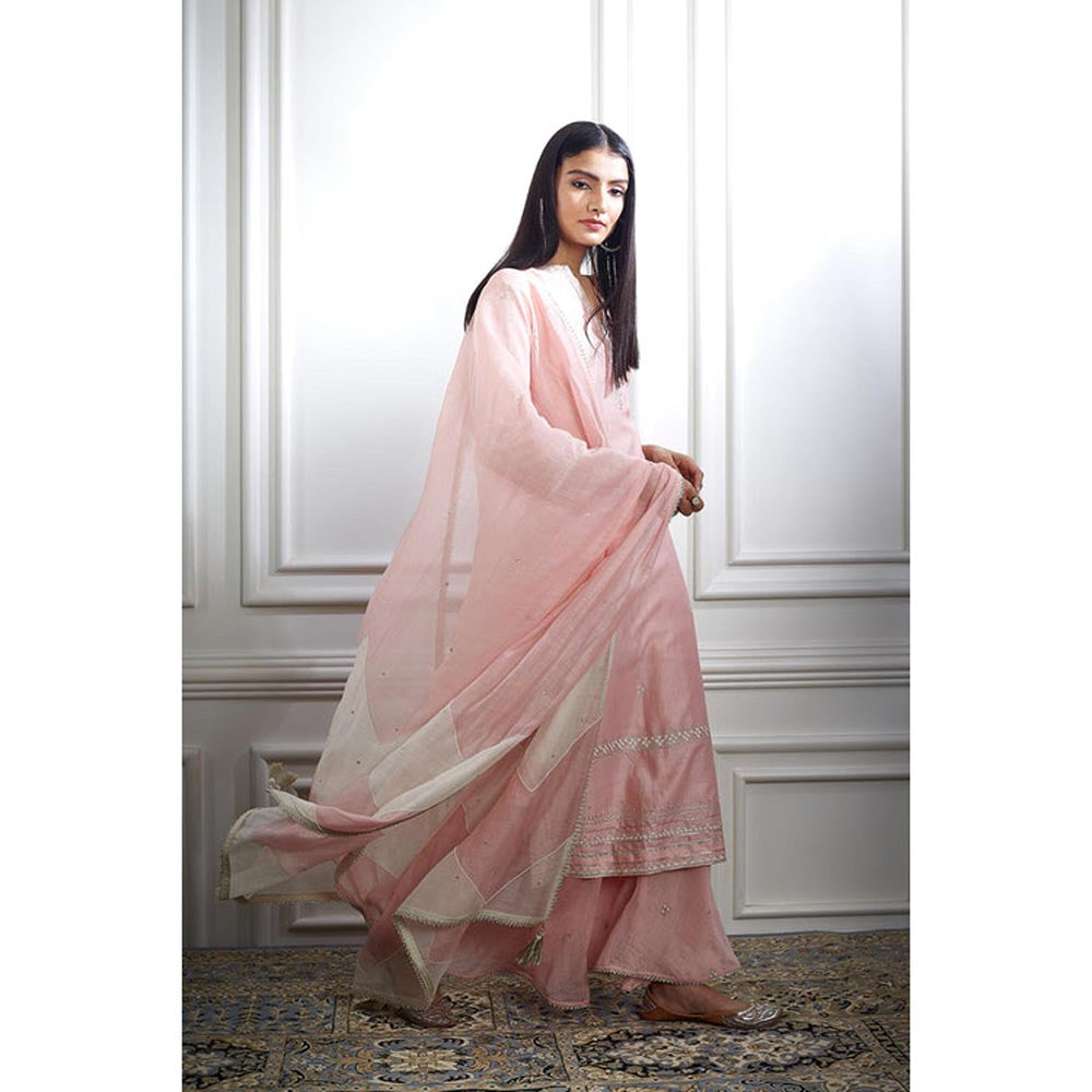 MANDIRA WIRK Women Chanderi Peach Kurta with Sharara and Dupatta