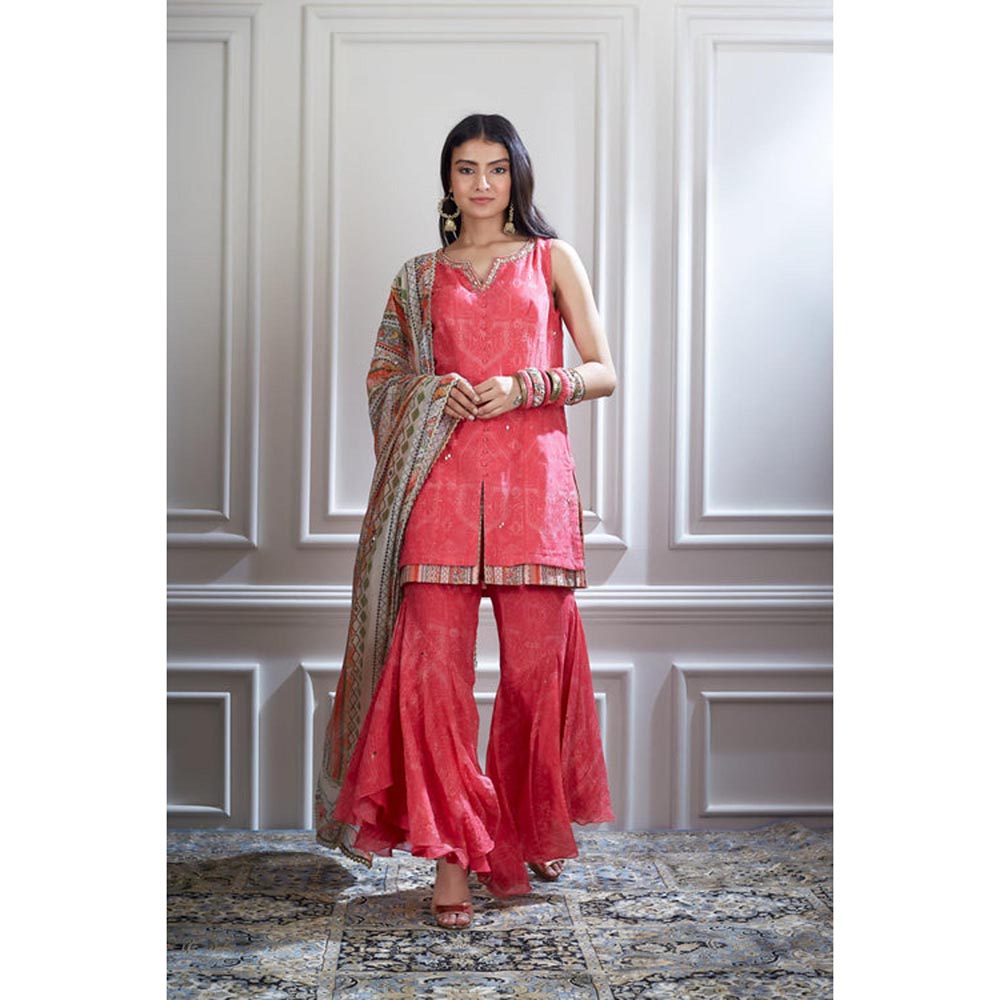 MANDIRA WIRK Women Chanderi Pink Kurta with Sharara and Dupatta