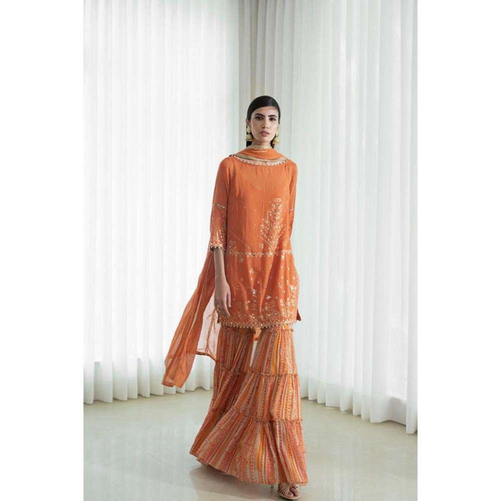 MANDIRA WIRK Women Mulmul Orange Kurta with Sharara and Dupatta