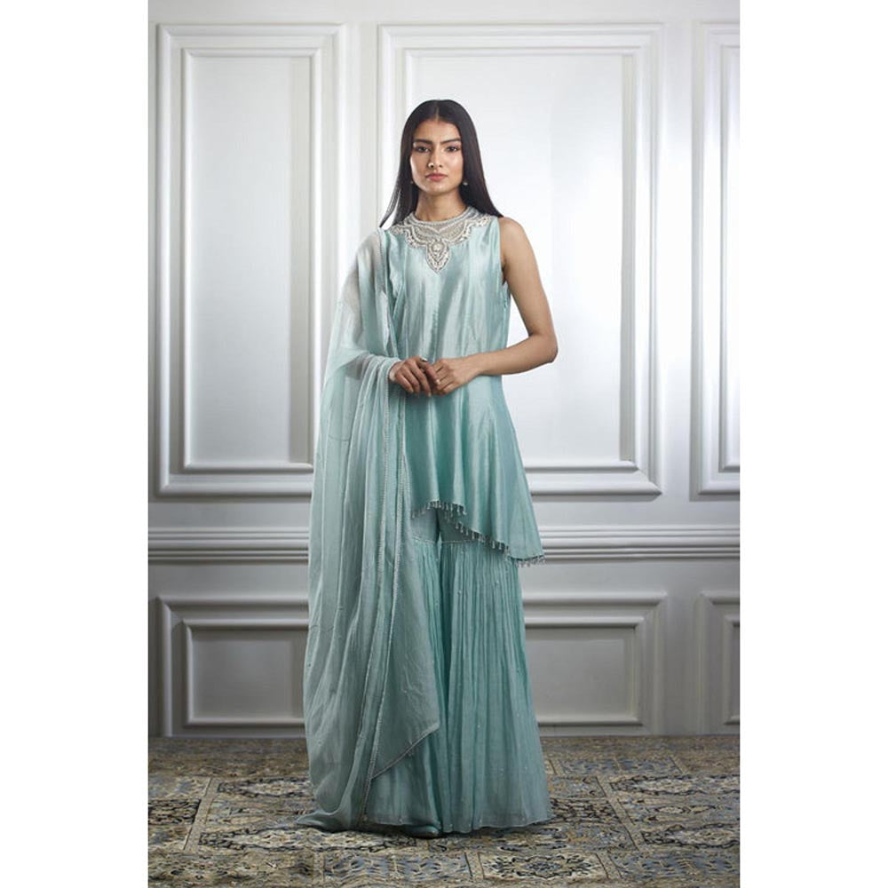 MANDIRA WIRK Women Chanderi Blue Kurta with Sharara and Dupatta