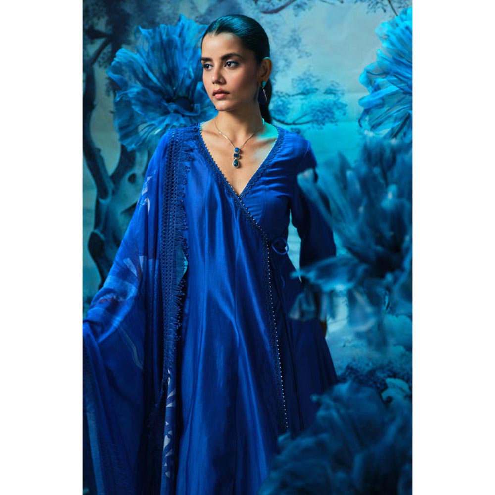MANDIRA WIRK Women Chanderi Indigo Anarkali with Churidar and Dupatta