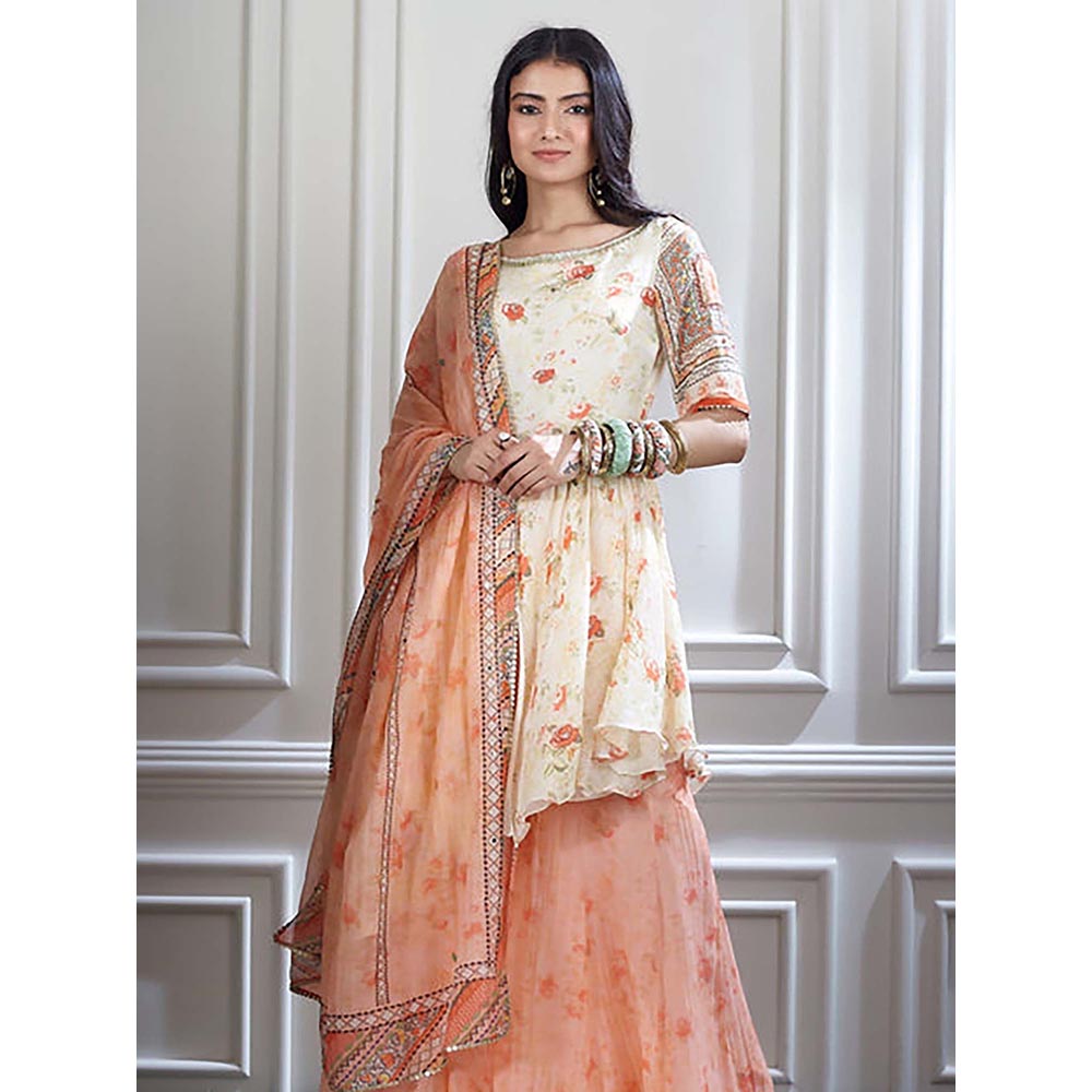 MANDIRA WIRK Women Chanderi Ivory Kurta with Sharara and Dupatta