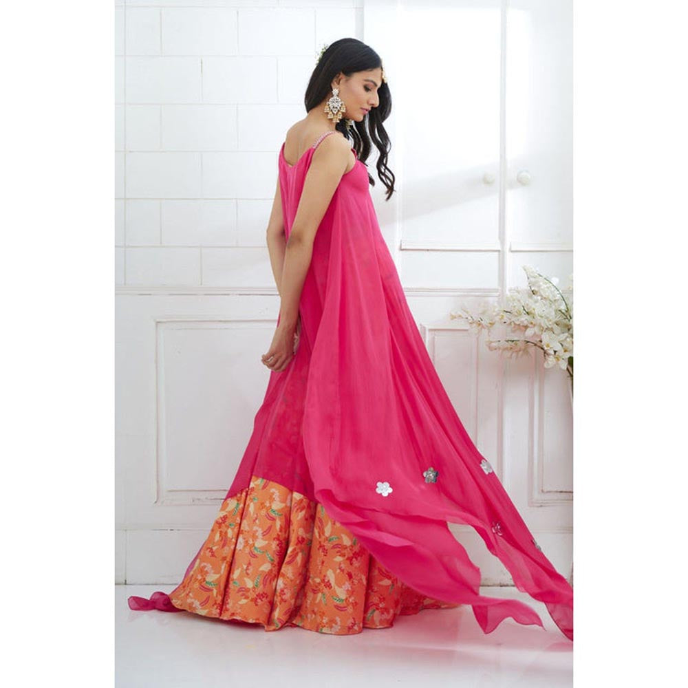 MANDIRA WIRK Fuchsia Embroidered Printed Lehenga with Kurta