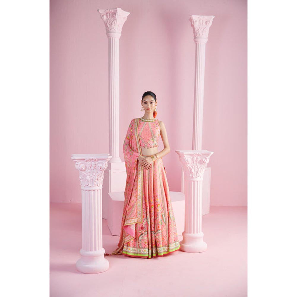 MANDIRA WIRK Pink Tassel Geometric Floral Lehenga Blouse with Dupatta