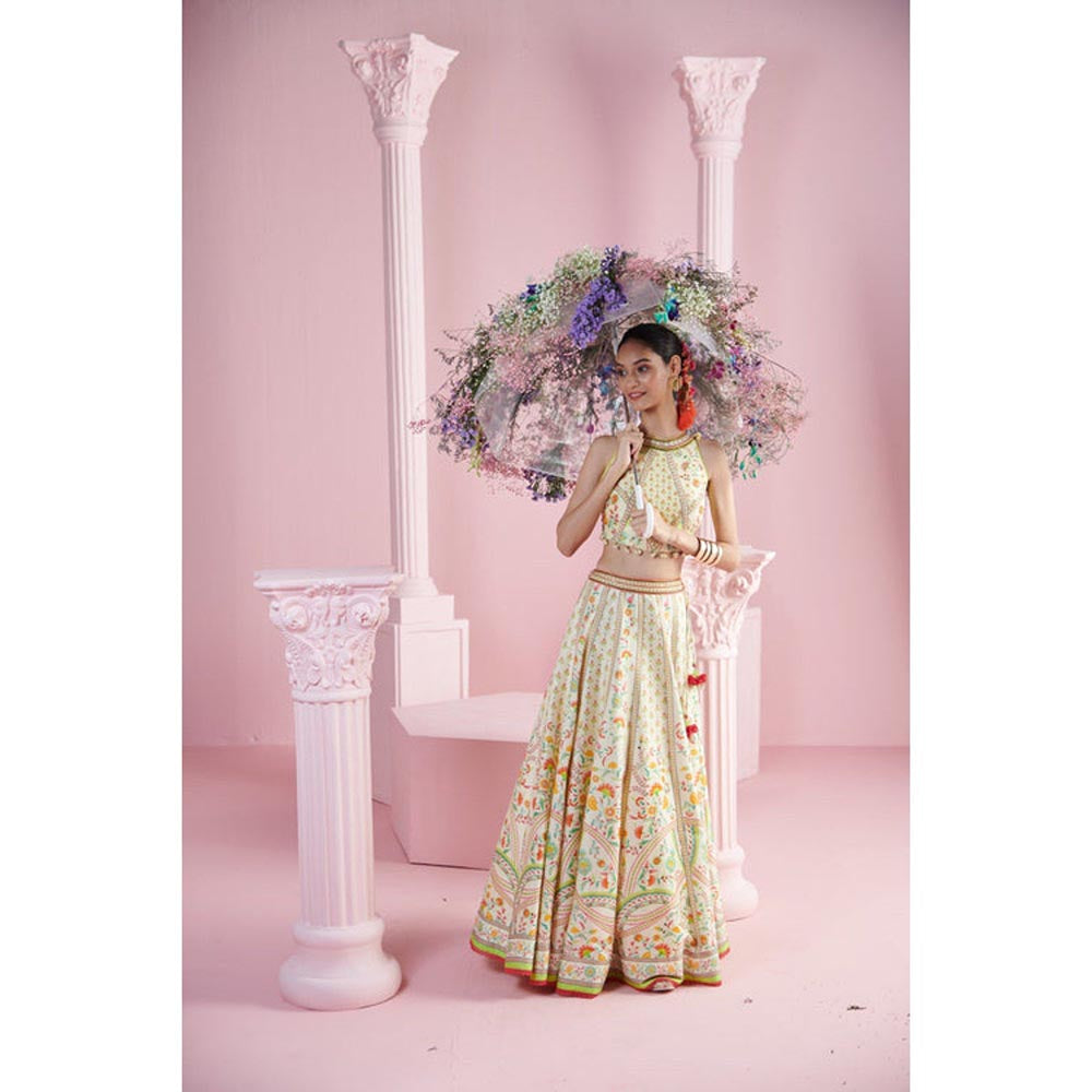 MANDIRA WIRK Lemon Blossom Top with Lehenga and Printed Dupatta
