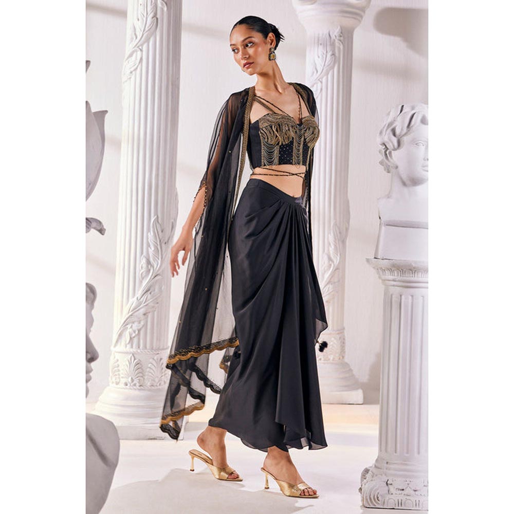 MANDIRA WIRK Black Draped Blouse Skirt With Dupatta