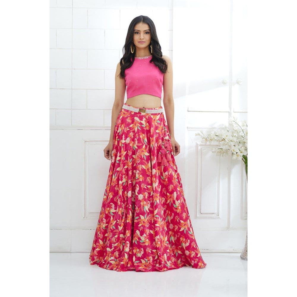 MANDIRA WIRK Fuchsia Embroidered Printed Lehenga Blouse With Dupatta