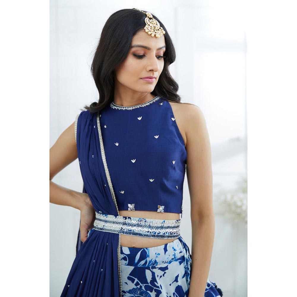 MANDIRA WIRK Blue Embroidered Printed Lehenga Blouse With Dupatta