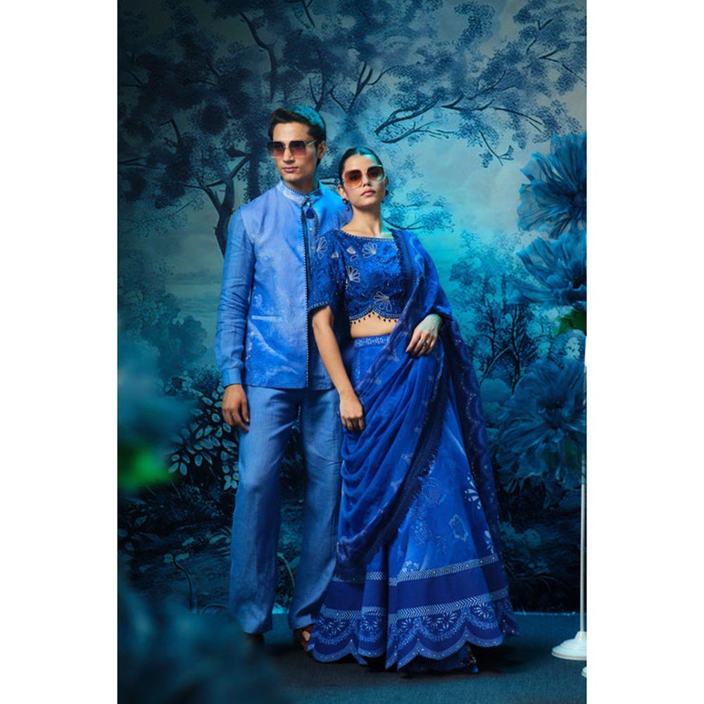 MANDIRA WIRK Indigo Mirage Cluster Lehenga Blouse with Dupatta