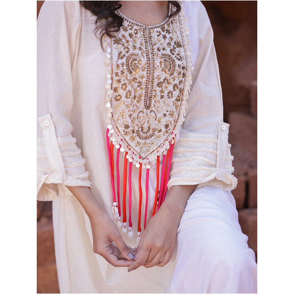 Mani Dua Khanna Asymmetric Ivory Kurta with Pant (Set of 2)