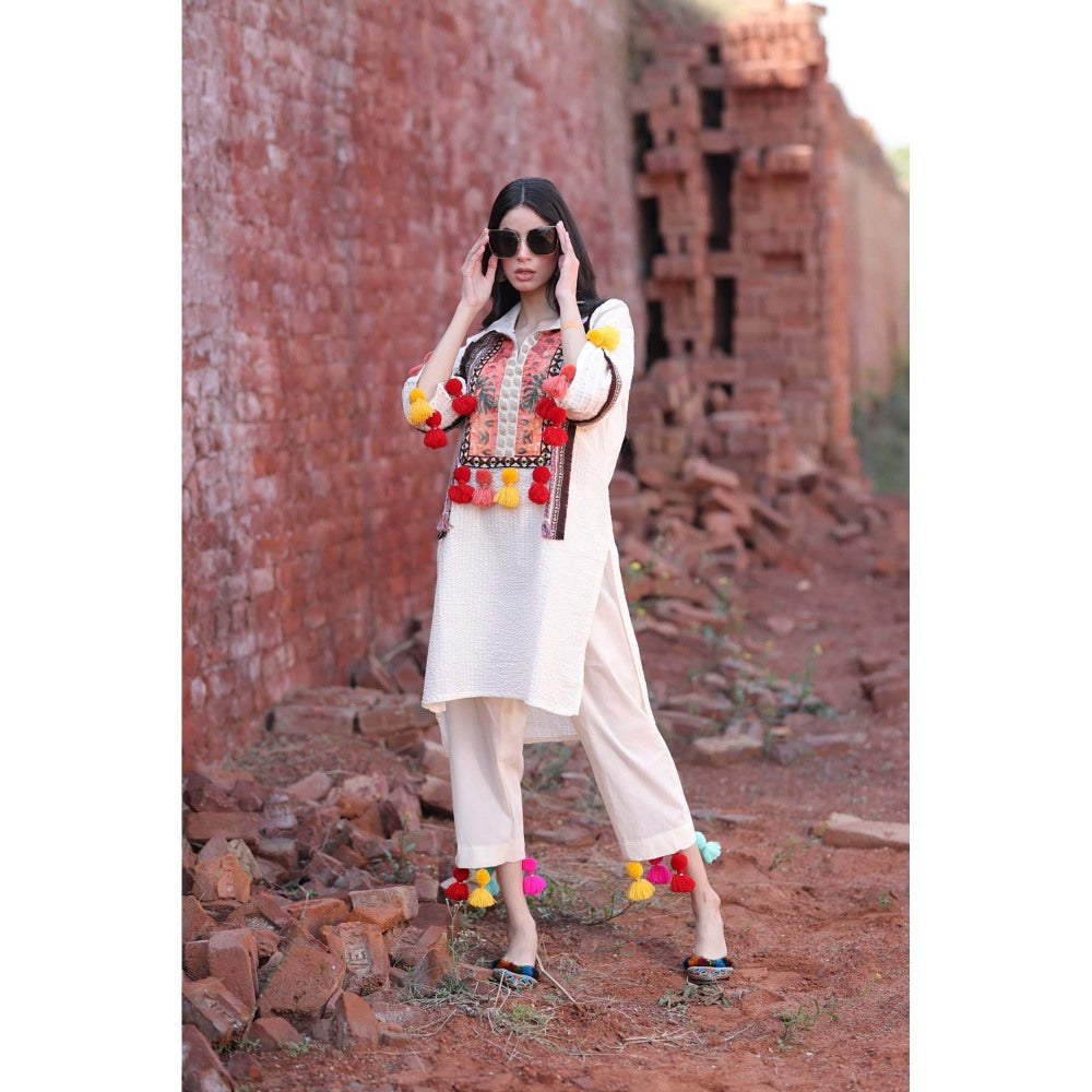 Mani Dua Khanna Ivory Tassel Cotton Kurta with Pant (Set of 2)