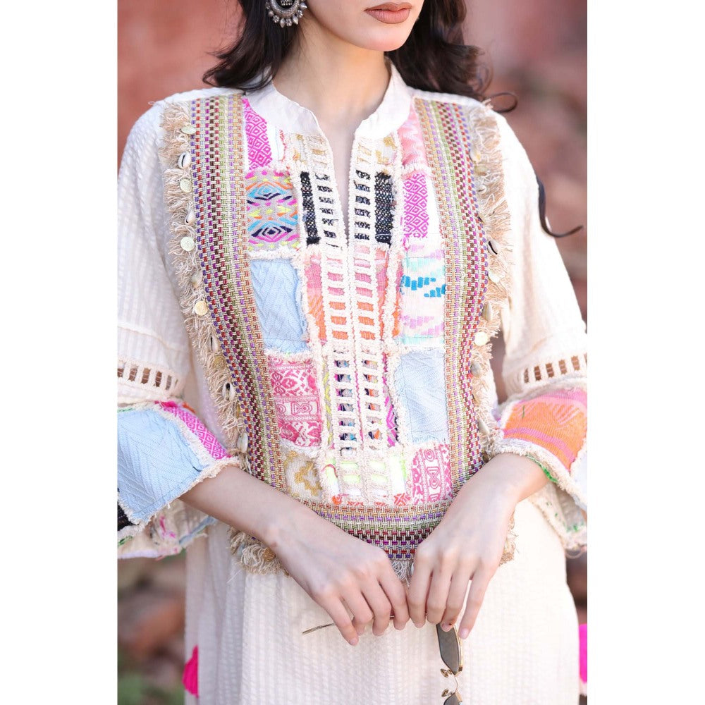 Mani Dua Khanna Boho Styled Ivory Embroidered Kurta with Pant (Set of 2)