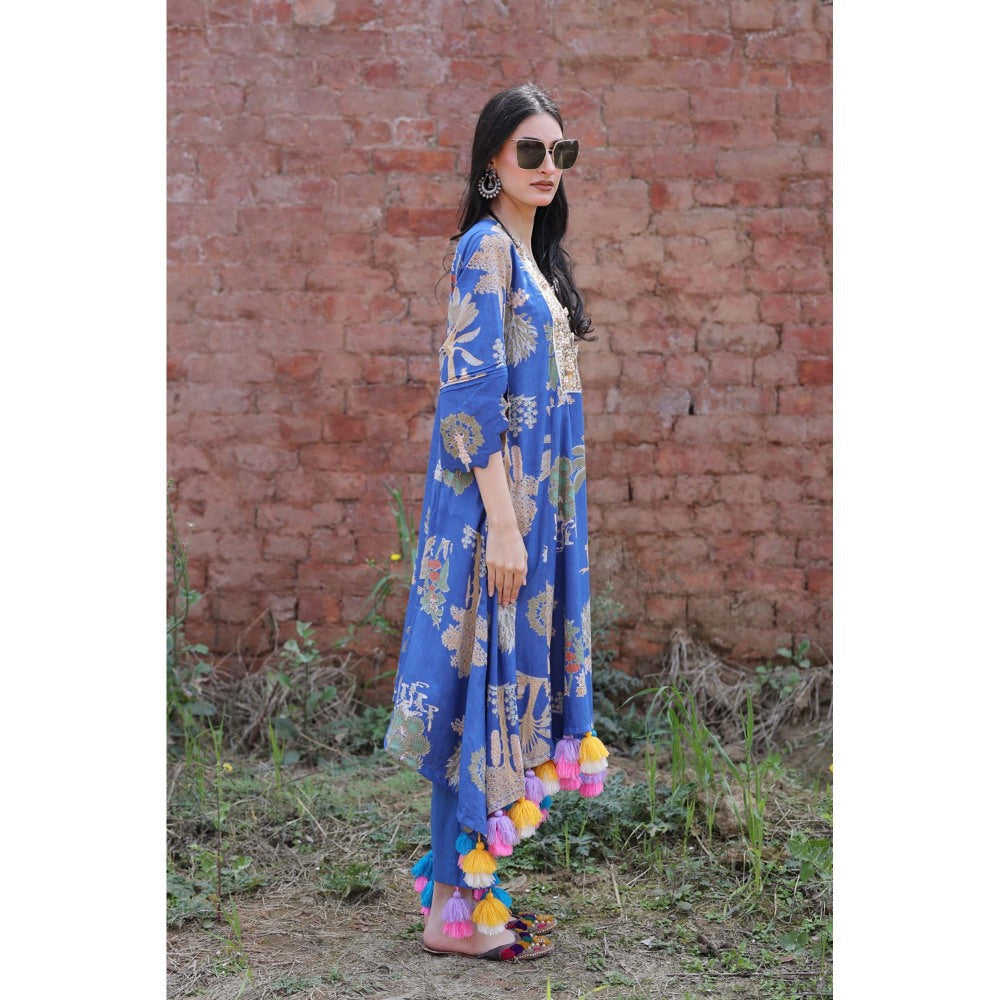 Mani Dua Khanna Tassel Bloom Blue Kurta with Pant (Set of 2)