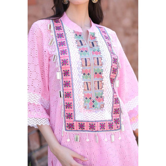 Mani Dua Khanna Pink Chikankari Embroidered Kurta with Pant (Set of 2)