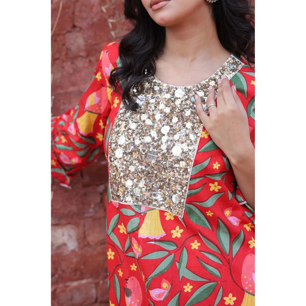 Mani Dua Khanna Red Tropical Parrot Print Kurta with Pant (Set of 2)