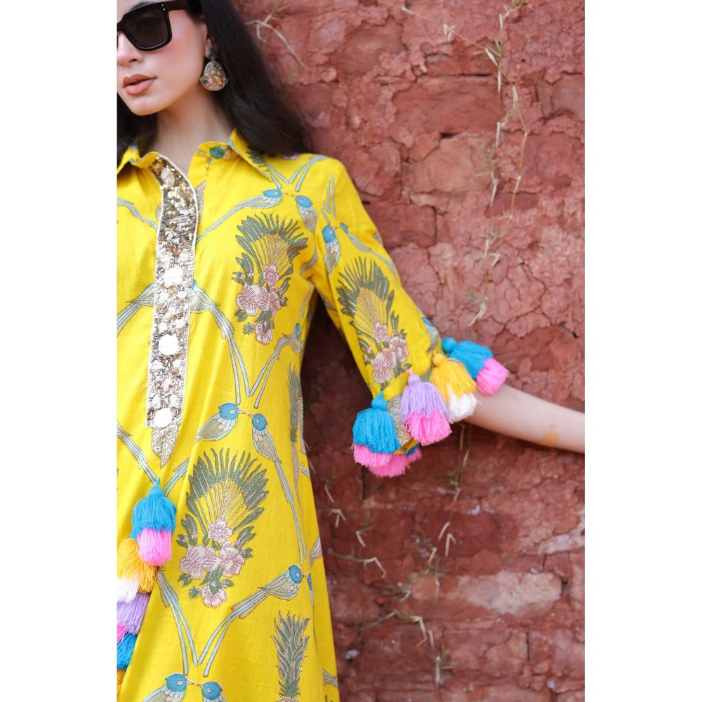 Mani Dua Khanna Sunshine Yellow Botanical Kurta with Pant (Set of 2)