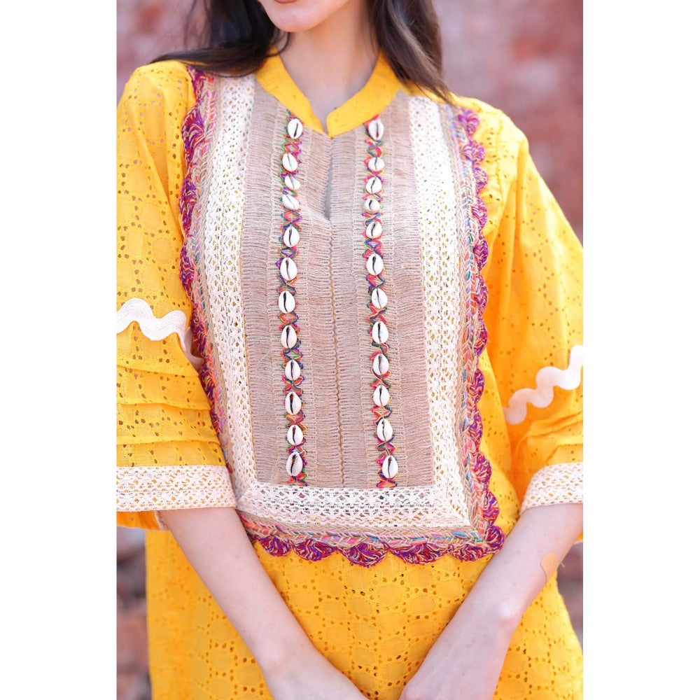 Mani Dua Khanna Mustard Chikankari Kurta with Pant (Set of 2)