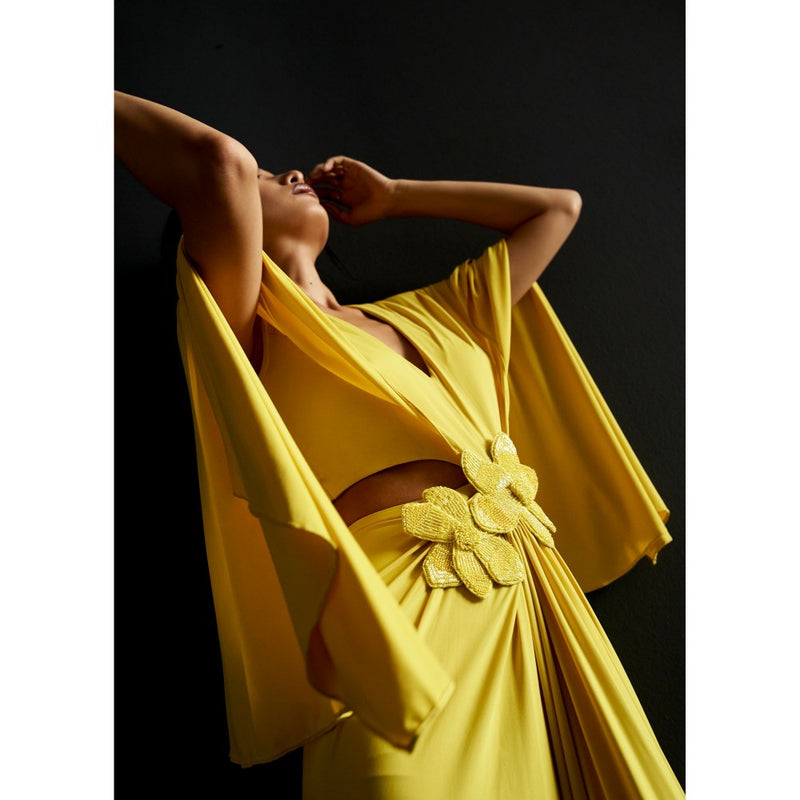 Manika Nanda Yellow Batwing Sleeve Cutout Gown
